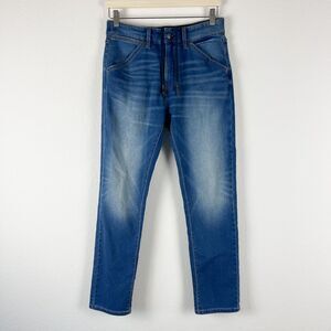 Uniqlo Grameen Jeans Womens Blue Small Medium Wash Tapered Stretchy Whiskering